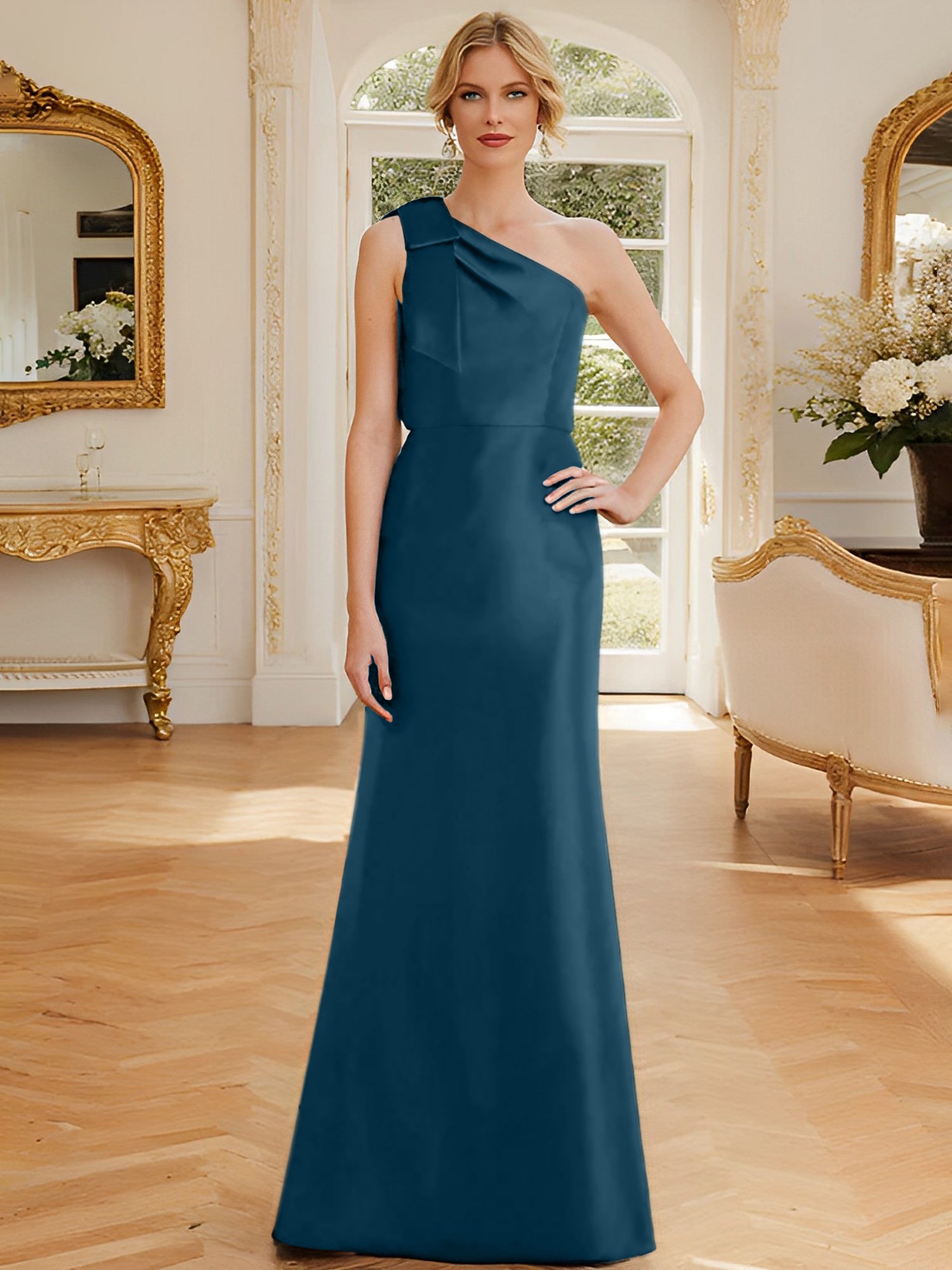 One-Shoulder Sleeveless Satin Mother of the Bride Dress with Bowknot Sheath/Column