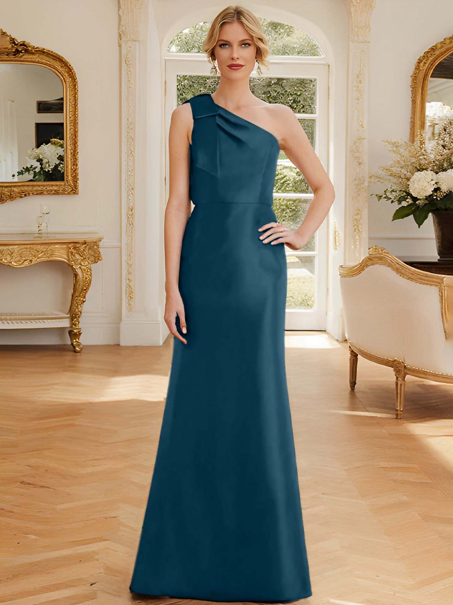 One-Shoulder Sleeveless Satin Mother of the Bride Dress with Bowknot Sheath/Column
