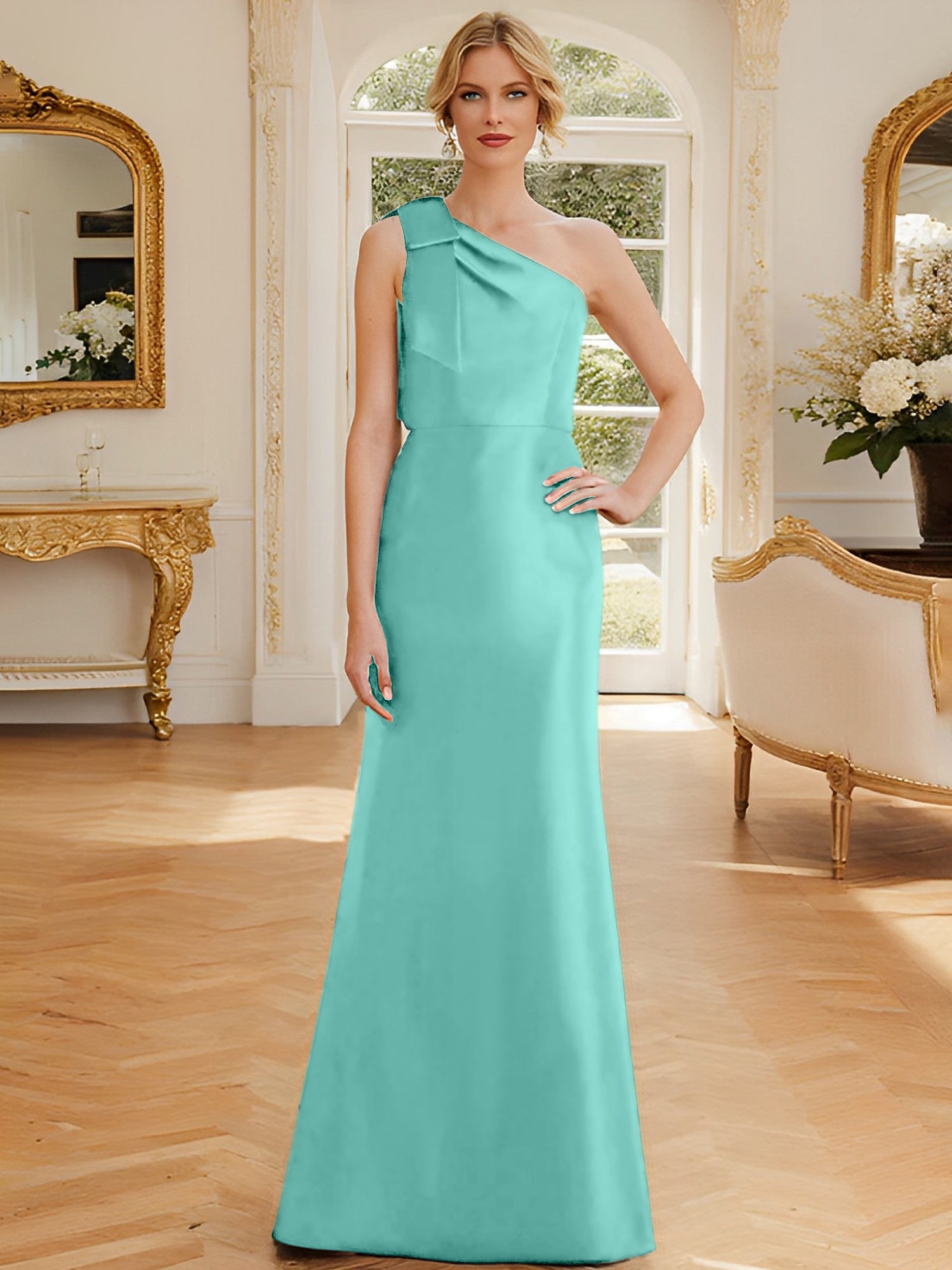 One-Shoulder Sleeveless Satin Mother of the Bride Dress with Bowknot Sheath/Column