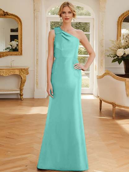 One-Shoulder Sleeveless Satin Mother of the Bride Dress with Bowknot Sheath/Column