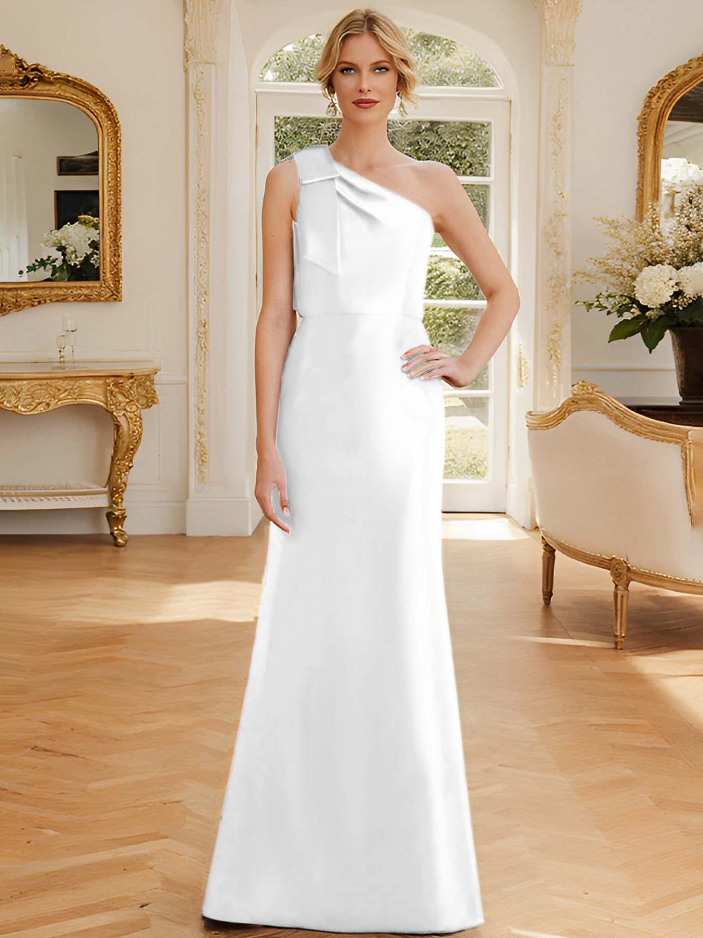 One-Shoulder Sleeveless Satin Mother of the Bride Dress with Bowknot Sheath/Column