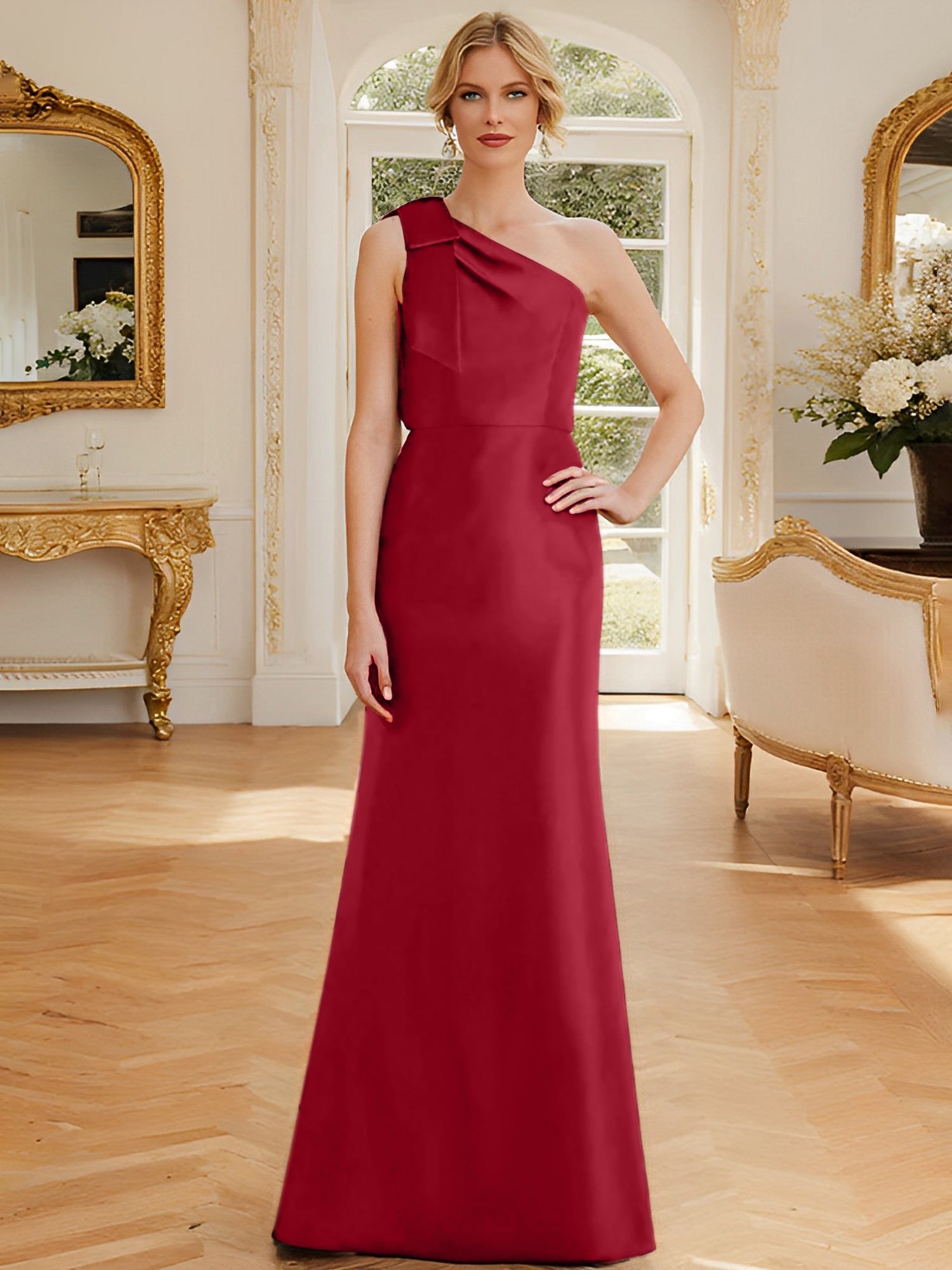 One-Shoulder Sleeveless Satin Mother of the Bride Dress with Bowknot Sheath/Column