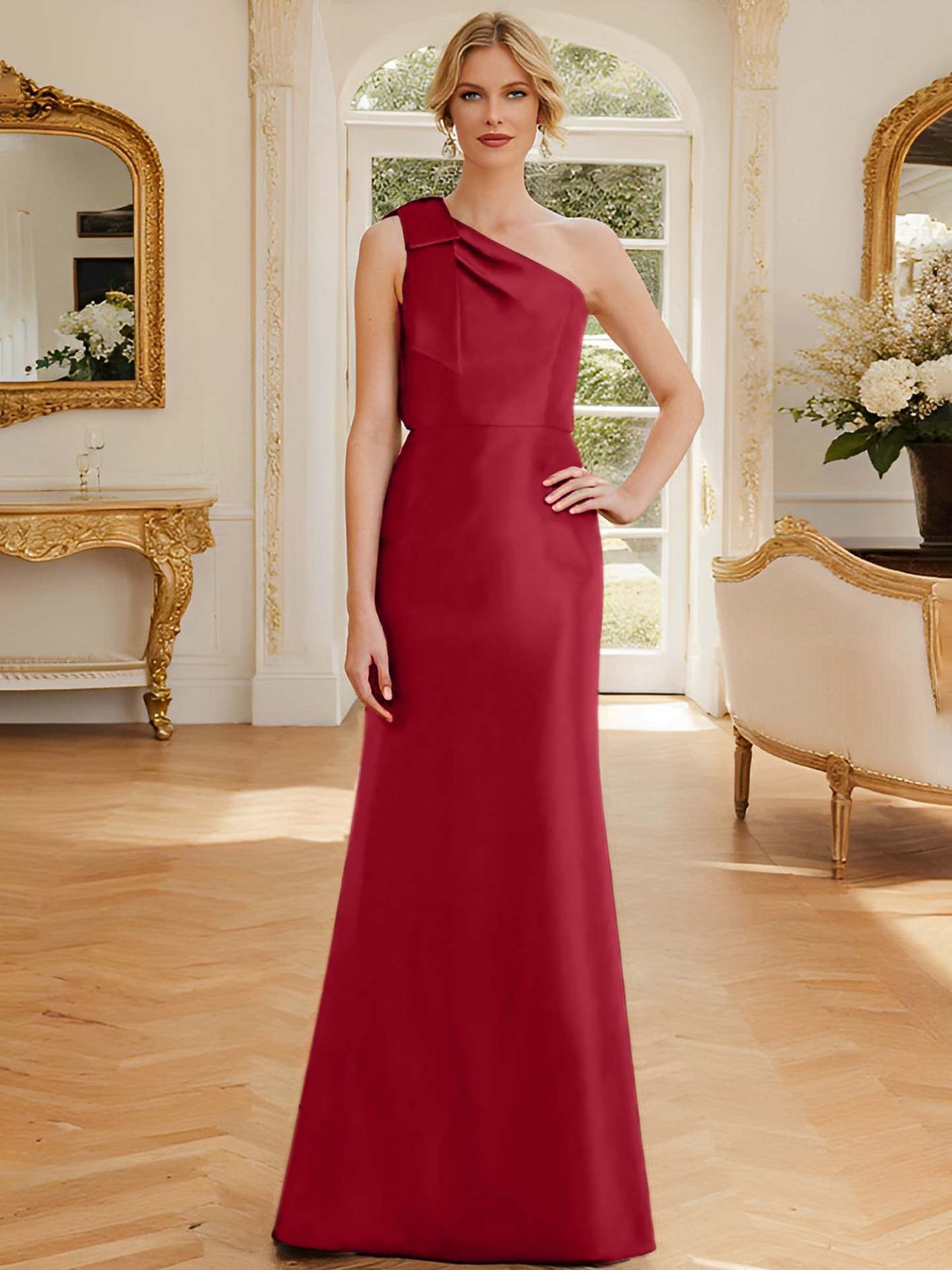 One-Shoulder Sleeveless Satin Mother of the Bride Dress with Bowknot Sheath/Column