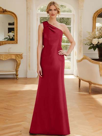 One-Shoulder Sleeveless Satin Mother of the Bride Dress with Bowknot Sheath/Column