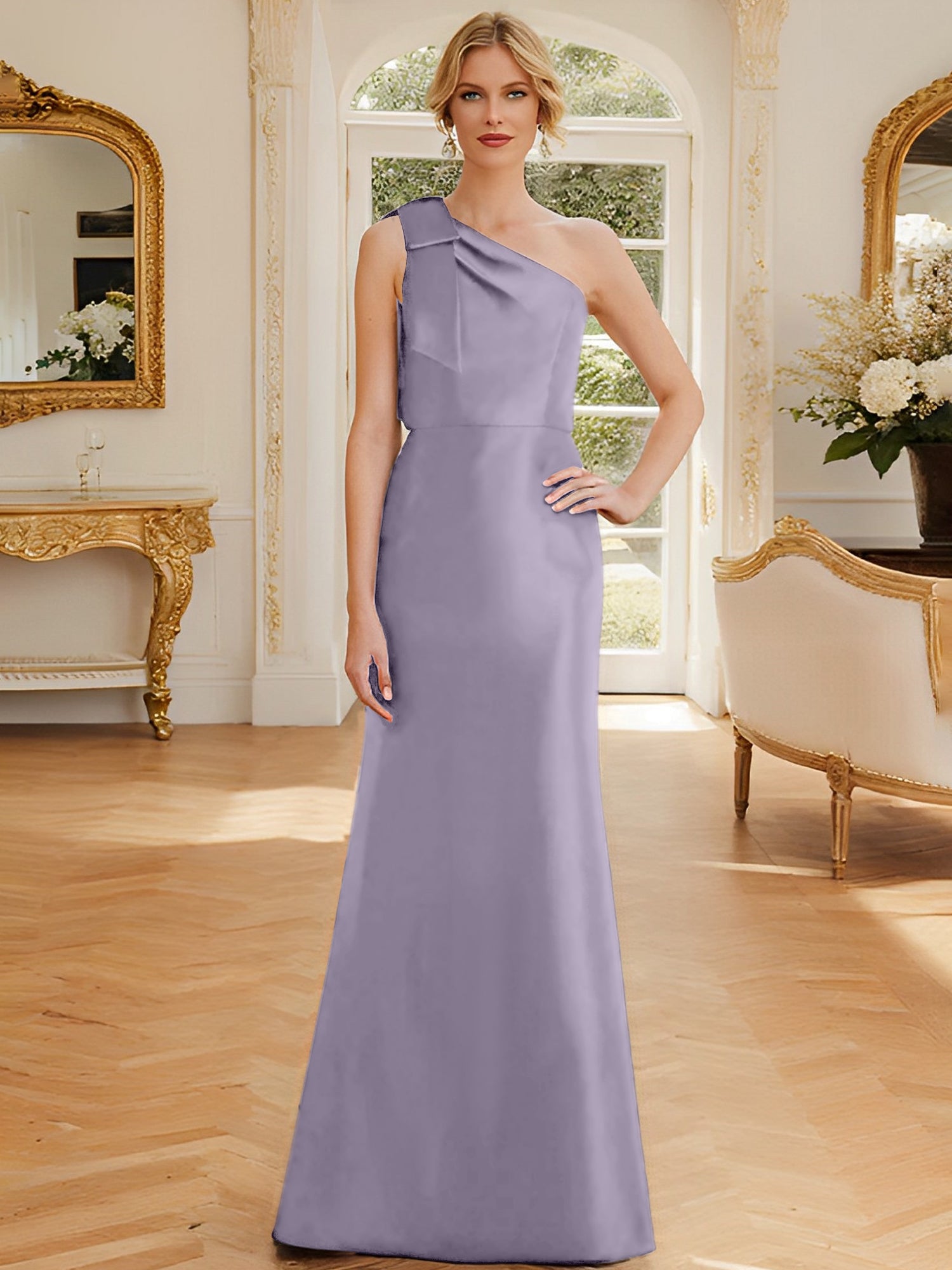 One-Shoulder Sleeveless Satin Mother of the Bride Dress with Bowknot Sheath/Column