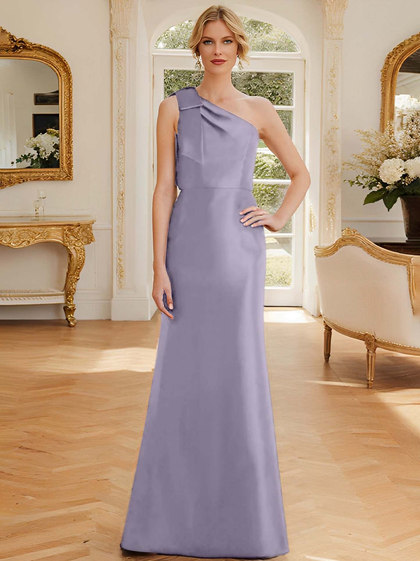 One-Shoulder Sleeveless Satin Mother of the Bride Dress with Bowknot Sheath/Column