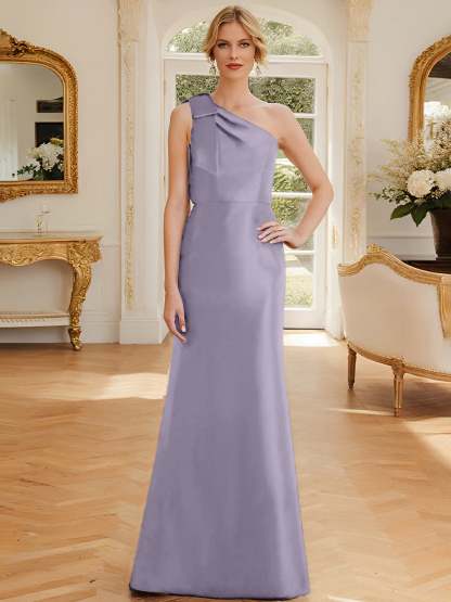One-Shoulder Sleeveless Satin Mother of the Bride Dress with Bowknot Sheath/Column