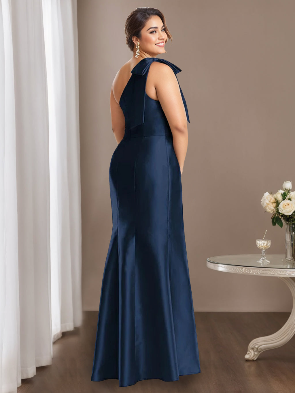 One-Shoulder Sleeveless Satin Plus Size Mother of the Bride Dress with Bowknot