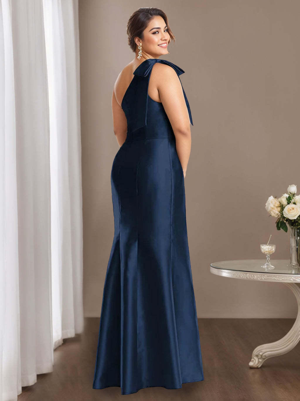 One-Shoulder Sleeveless Satin Plus Size Mother of the Bride Dress with Bowknot