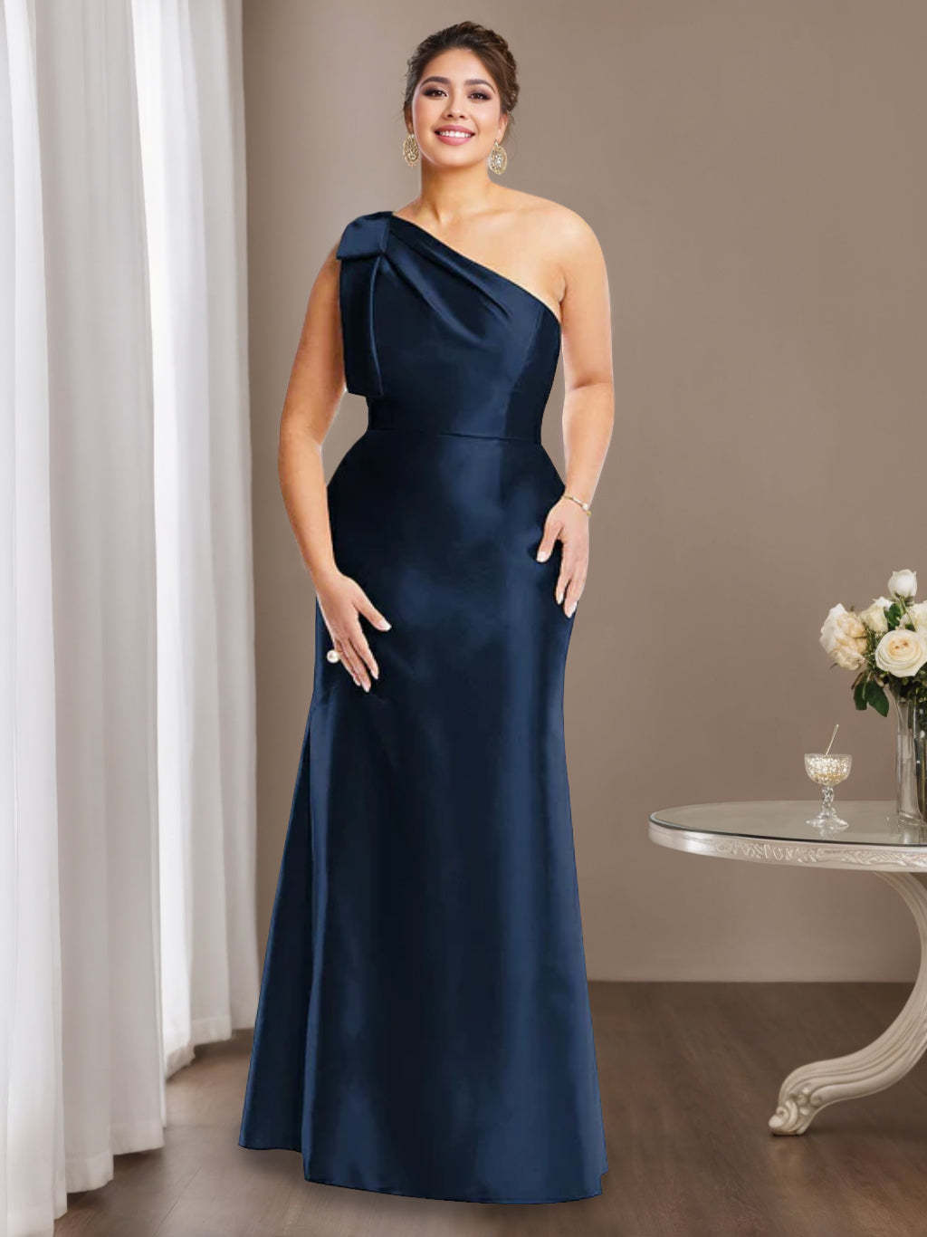 One-Shoulder Sleeveless Satin Plus Size Mother of the Bride Dress with Bowknot