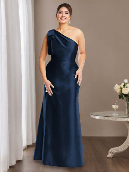 One-Shoulder Sleeveless Satin Plus Size Mother of the Bride Dress with Bowknot