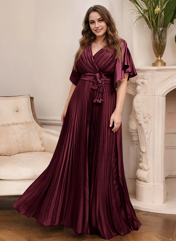 V-Neck A-Line Princess Short Sleeve Mother of the Bride Dress with Belt