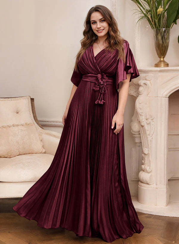 V-Neck A-Line Princess Short Sleeve Mother of the Bride Dress with Belt