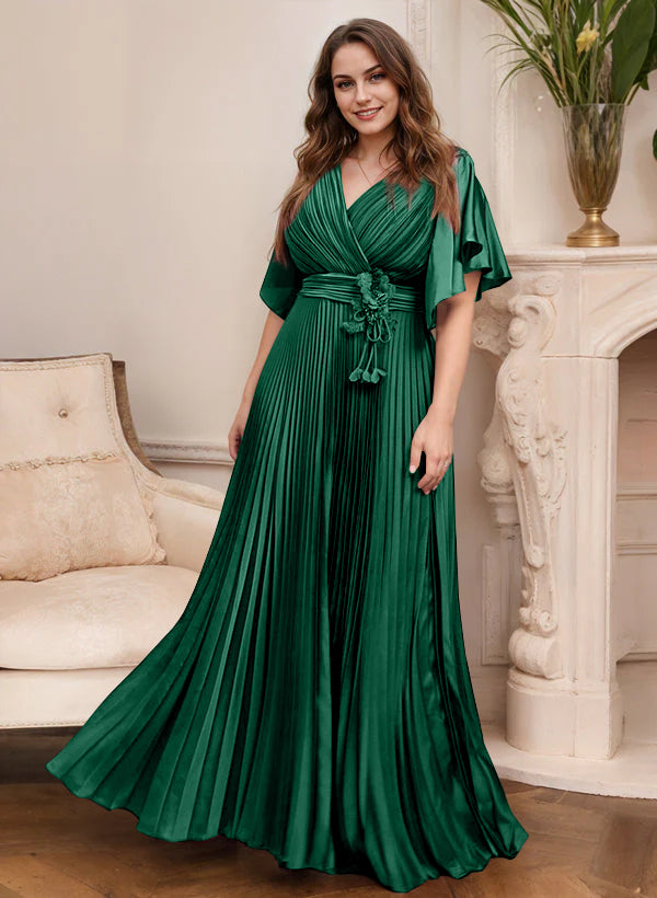 V-Neck A-Line Princess Short Sleeve Mother of the Bride Dress with Belt