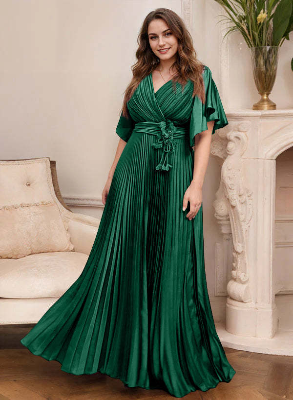 V-Neck A-Line Princess Short Sleeve Mother of the Bride Dress with Belt