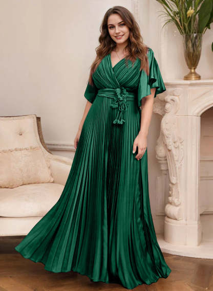 V-Neck A-Line Princess Short Sleeve Mother of the Bride Dress with Belt