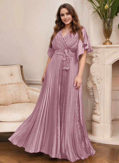 V-Neck A-Line Princess Short Sleeve Mother of the Bride Dress with Belt