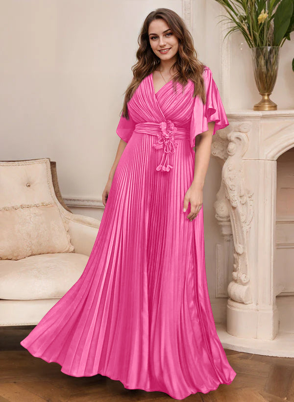 V-Neck A-Line Princess Short Sleeve Mother of the Bride Dress with Belt