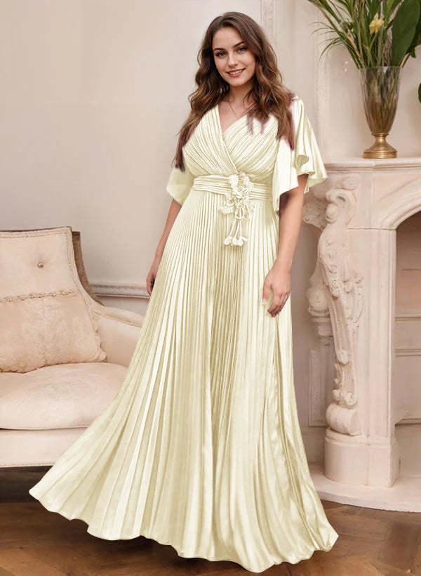 V-Neck A-Line Princess Short Sleeve Mother of the Bride Dress with Belt