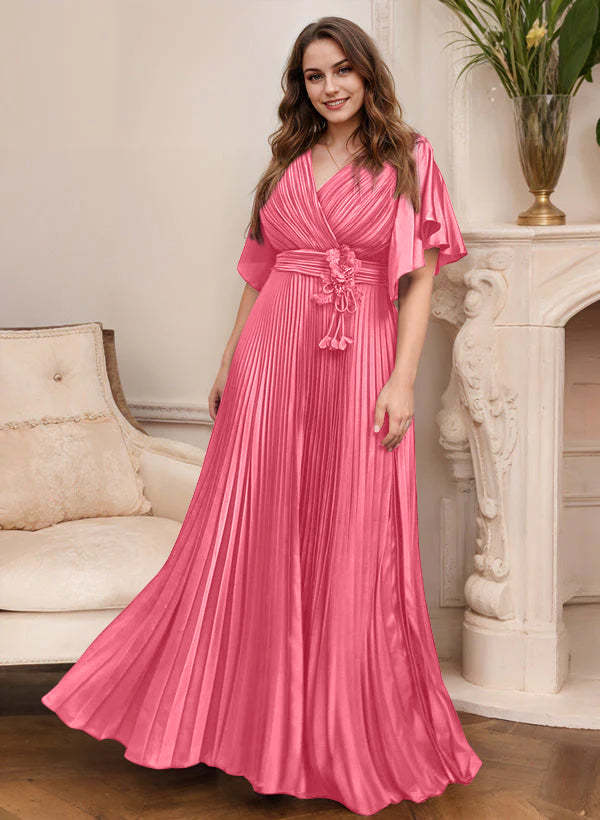 V-Neck A-Line Princess Short Sleeve Mother of the Bride Dress with Belt