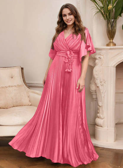 V-Neck A-Line Princess Short Sleeve Mother of the Bride Dress with Belt