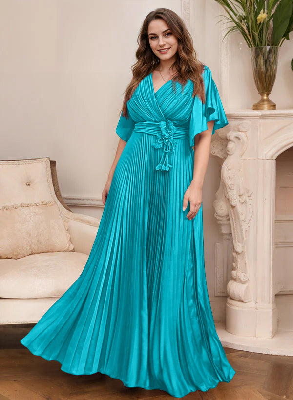 V-Neck A-Line Princess Short Sleeve Mother of the Bride Dress with Belt