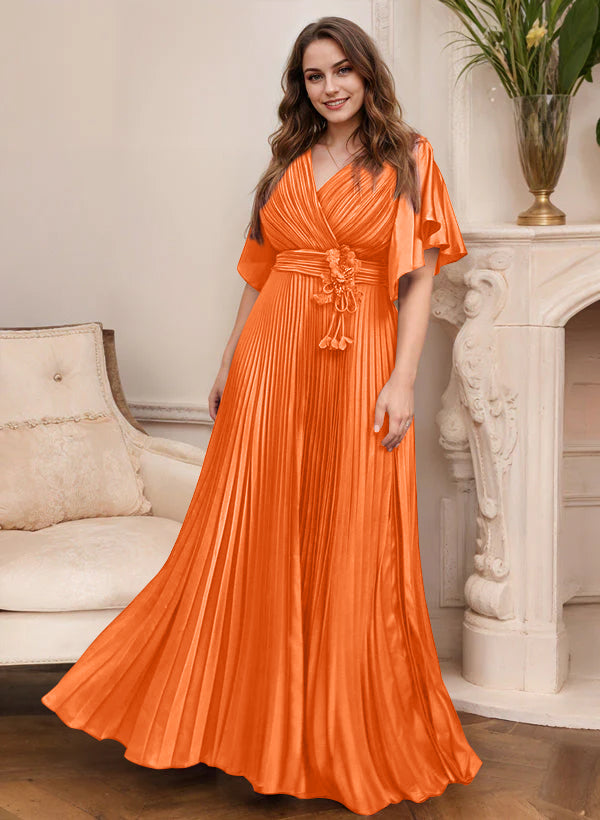 V-Neck A-Line Princess Short Sleeve Mother of the Bride Dress with Belt