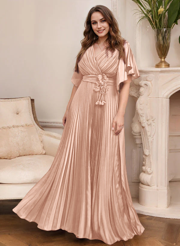 V-Neck A-Line Princess Short Sleeve Mother of the Bride Dress with Belt