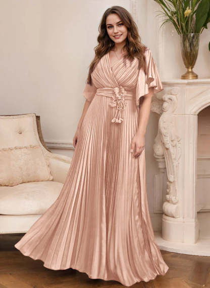 V-Neck A-Line Princess Short Sleeve Mother of the Bride Dress with Belt