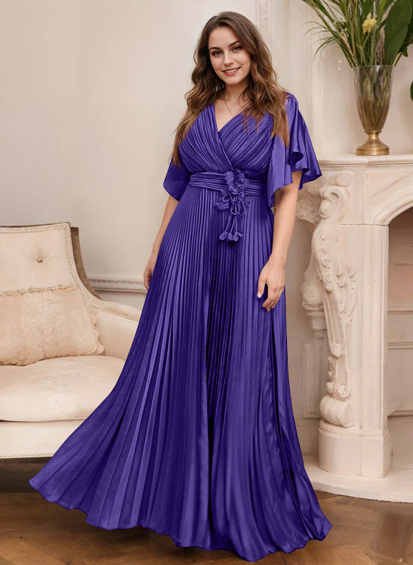 V-Neck A-Line Princess Short Sleeve Mother of the Bride Dress with Belt