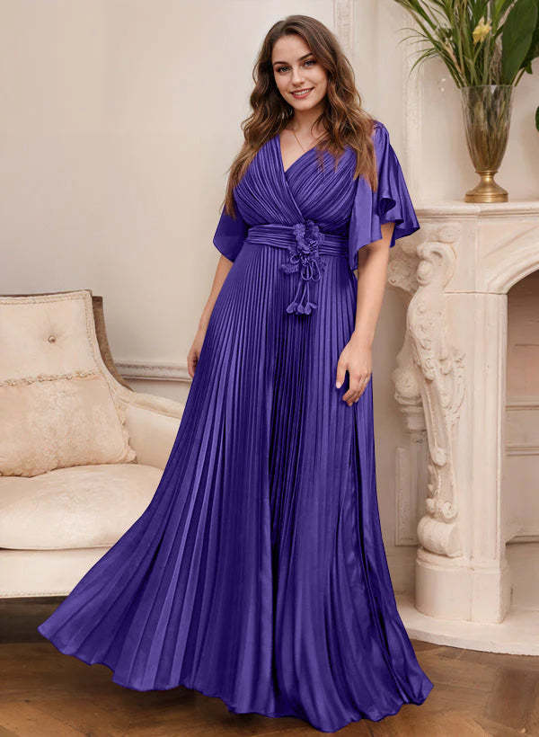 V-Neck A-Line Princess Short Sleeve Mother of the Bride Dress with Belt