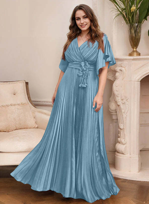 V-Neck A-Line Princess Short Sleeve Mother of the Bride Dress with Belt