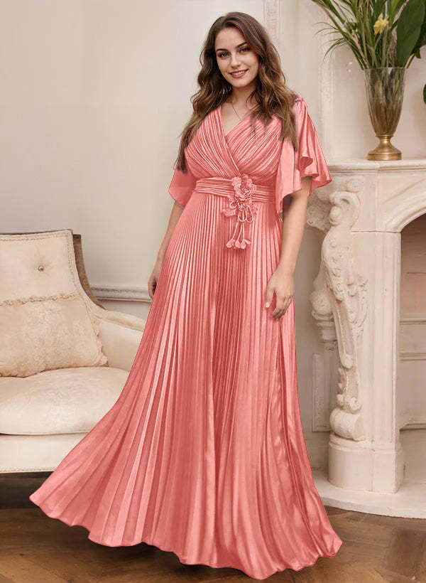 V-Neck A-Line Princess Short Sleeve Mother of the Bride Dress with Belt