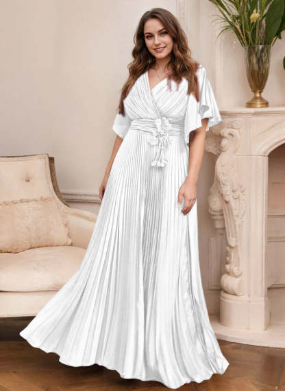 V-Neck A-Line Princess Short Sleeve Mother of the Bride Dress with Belt