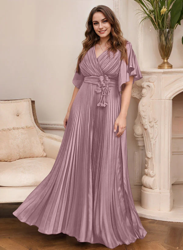 V-Neck A-Line Princess Short Sleeve Mother of the Bride Dress with Belt