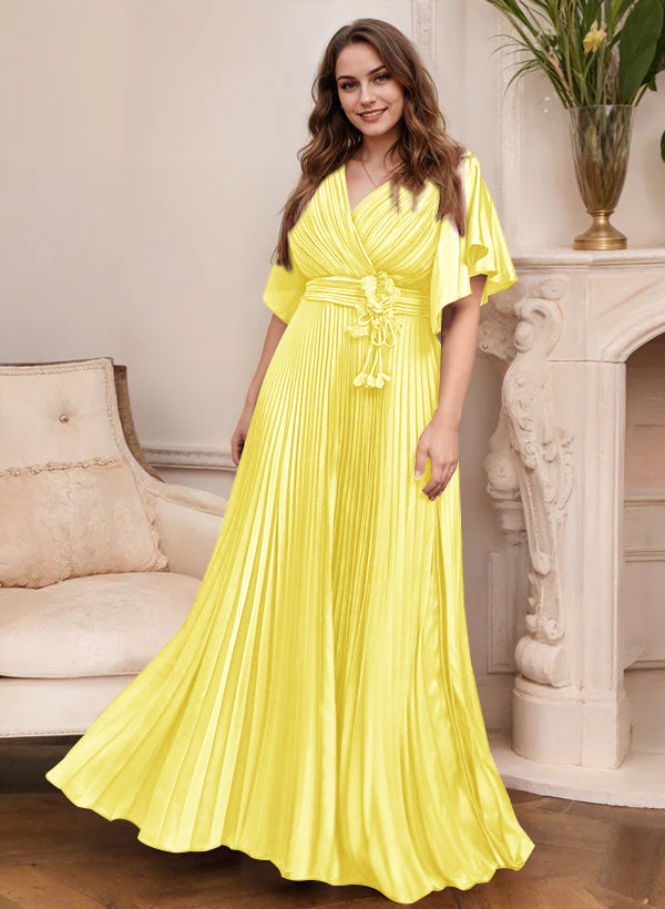 V-Neck A-Line Princess Short Sleeve Mother of the Bride Dress with Belt