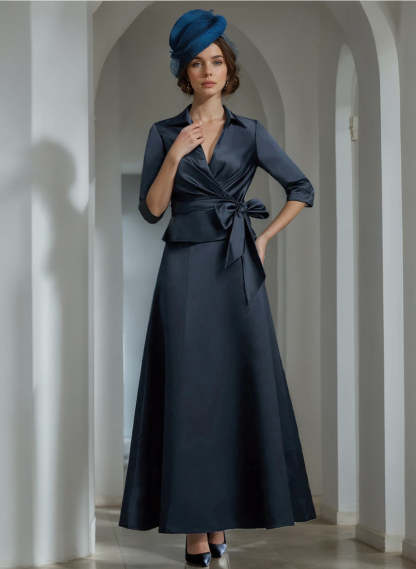 Elegant V-Neck Satin A-Line Mother of the Bride Ankle-Length Dress