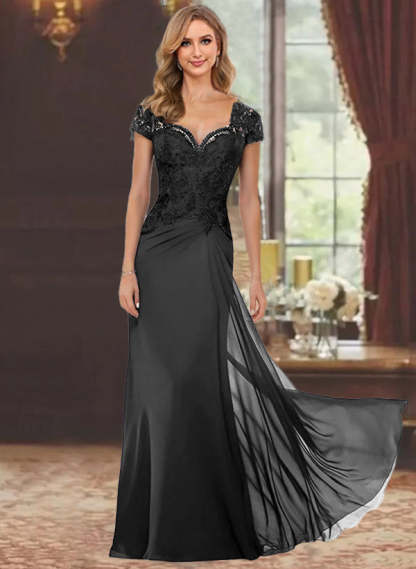 Sweetheart Short-Sleeve Floor-Length Sheath Mother of the Bride Dress with Lace Appliques & Sequins