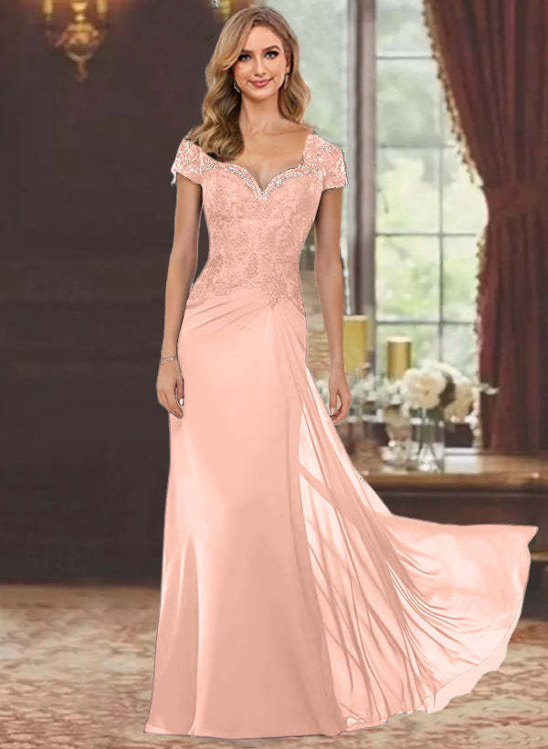 Sweetheart Short-Sleeve Floor-Length Sheath Mother of the Bride Dress with Lace Appliques & Sequins