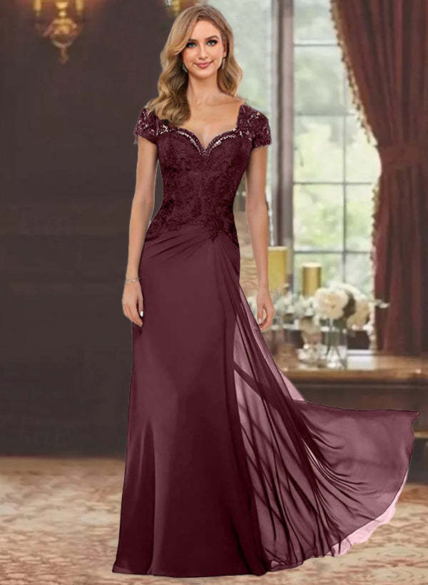 Sweetheart Short-Sleeve Floor-Length Sheath Mother of the Bride Dress with Lace Appliques & Sequins