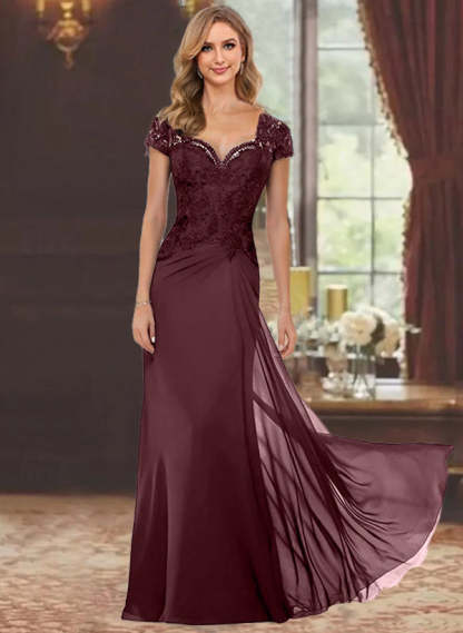 Sweetheart Short-Sleeve Floor-Length Sheath Mother of the Bride Dress with Lace Appliques & Sequins