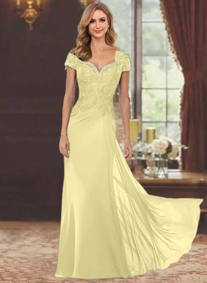 Sweetheart Short-Sleeve Floor-Length Sheath Mother of the Bride Dress with Lace Appliques & Sequins