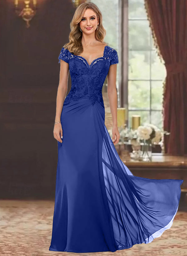 Sweetheart Short-Sleeve Floor-Length Sheath Mother of the Bride Dress with Lace Appliques & Sequins