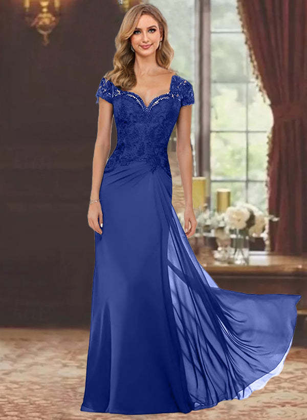 Sweetheart Short-Sleeve Floor-Length Sheath Mother of the Bride Dress with Lace Appliques & Sequins