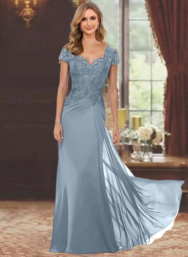 Sweetheart Short-Sleeve Floor-Length Sheath Mother of the Bride Dress with Lace Appliques & Sequins