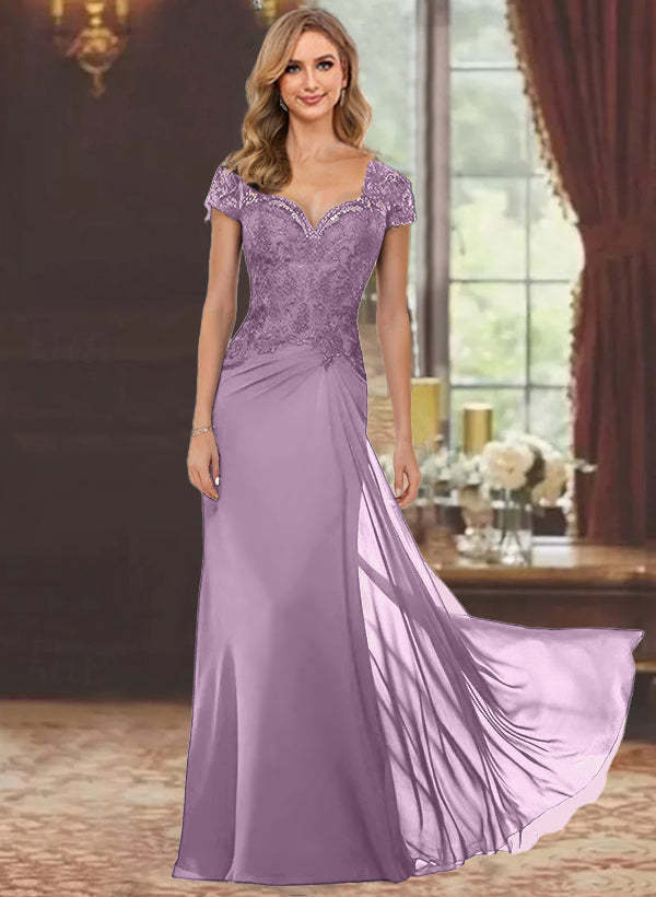 Sweetheart Short-Sleeve Floor-Length Sheath Mother of the Bride Dress with Lace Appliques & Sequins