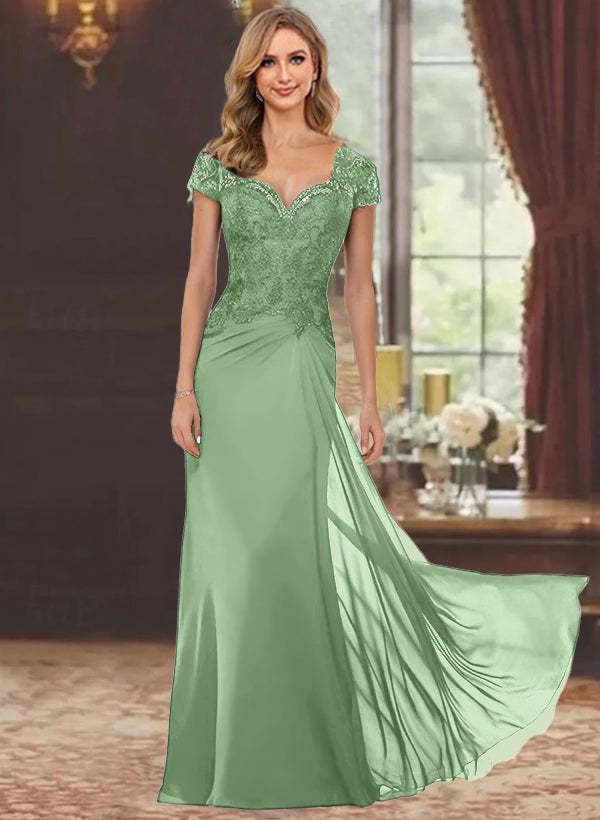 Sweetheart Short-Sleeve Floor-Length Sheath Mother of the Bride Dress with Lace Appliques & Sequins