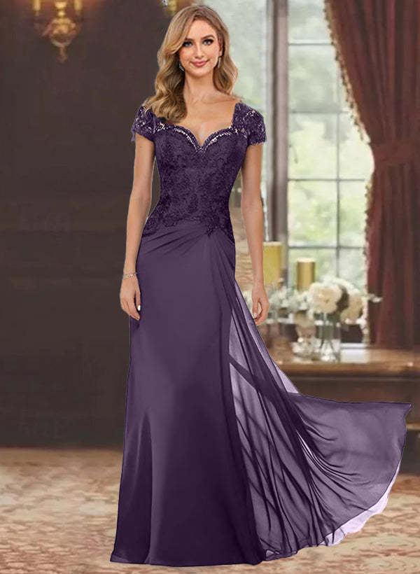 Sweetheart Short-Sleeve Floor-Length Sheath Mother of the Bride Dress with Lace Appliques & Sequins