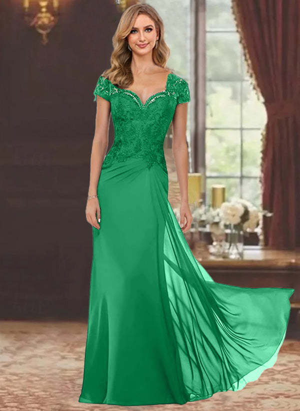 Sweetheart Short-Sleeve Floor-Length Sheath Mother of the Bride Dress with Lace Appliques & Sequins