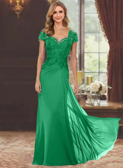 Sweetheart Short-Sleeve Floor-Length Sheath Mother of the Bride Dress with Lace Appliques & Sequins